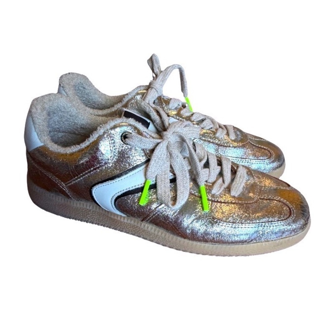 Verbenas Carmen Metallic Leather Sneakers Faux Shearling Silver Size 39